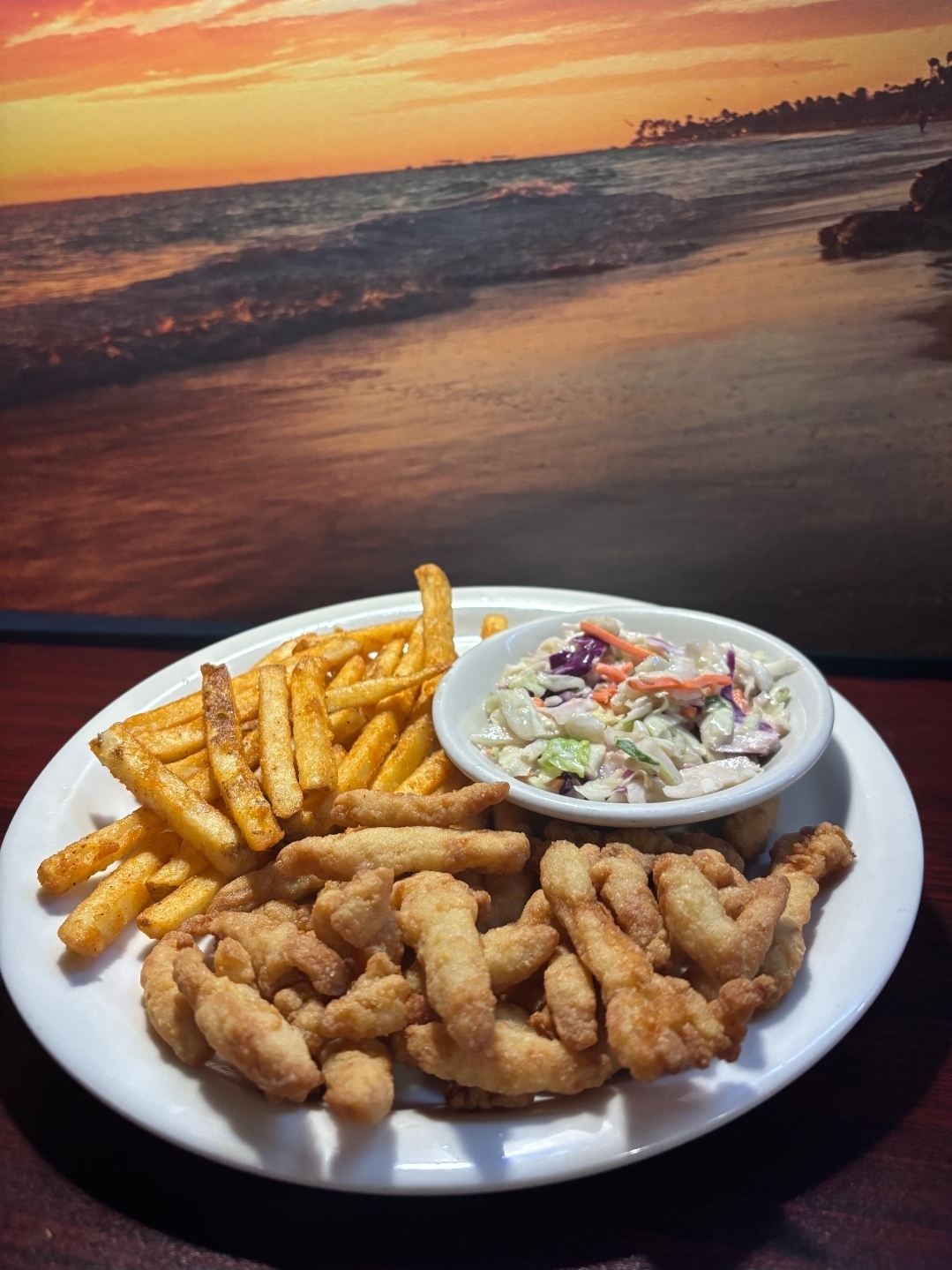 Fried shrimp with fries and slaw